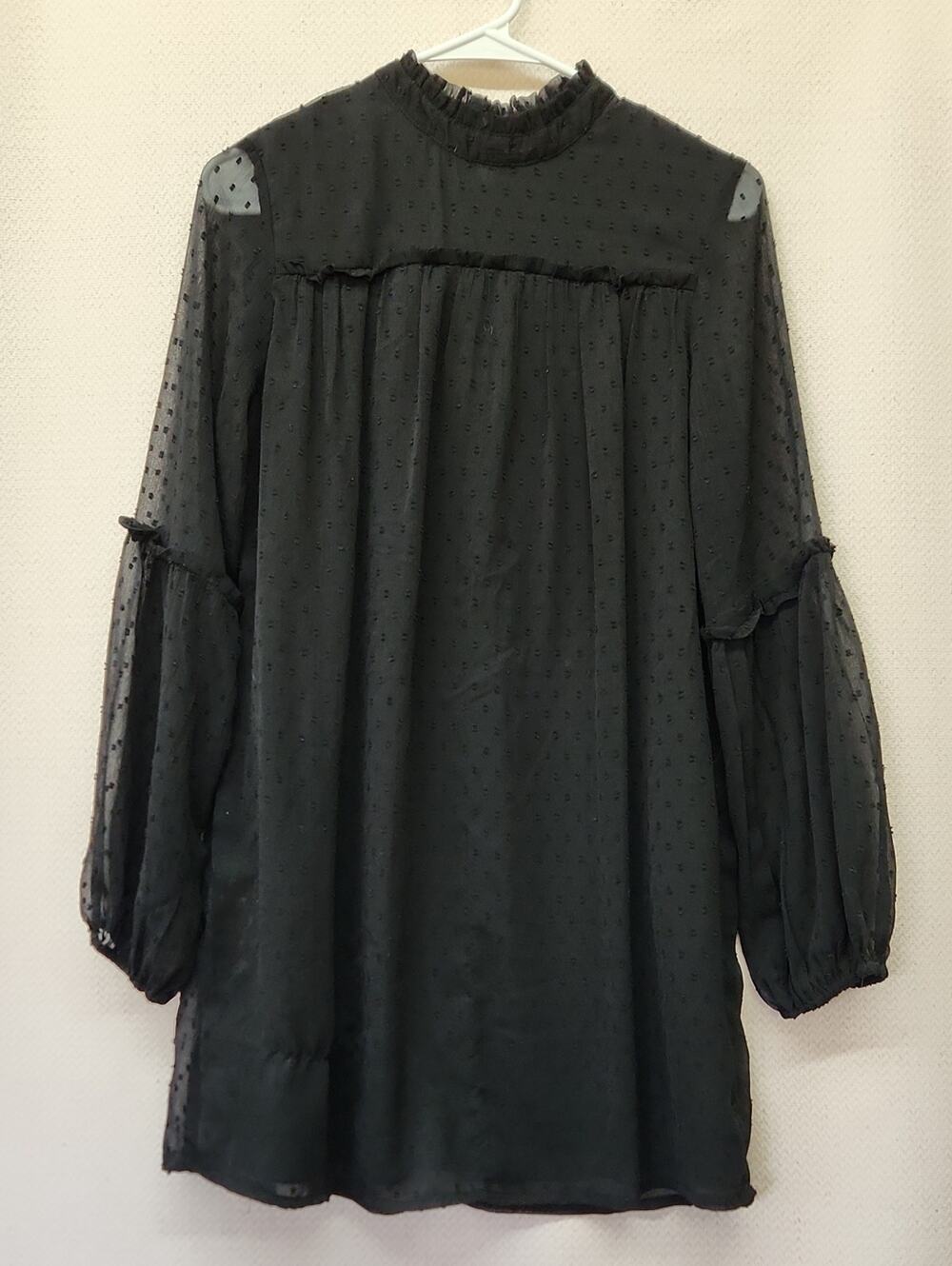 Black Swiss Dot Midi Dress with Ruffle Neck